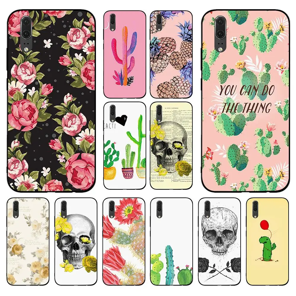 

Black roses and cactus and skull Soft Case for Huawei Y6 Y7 Y9 Prime 2017 2018 2019 Nova 2i 3 4 3i Lite Mate 10 20 Pro Lite