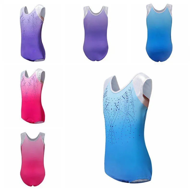 AIEOE Glanzend gymnastiekpak voor meisjes, met broek, voor kinderen, turnpak, ballet, yoga, dansen, kleding, klassiek, mouwloos, tricot, turnen, leotard met haarband, 5-6 jaar, roze, blauw, 11-12