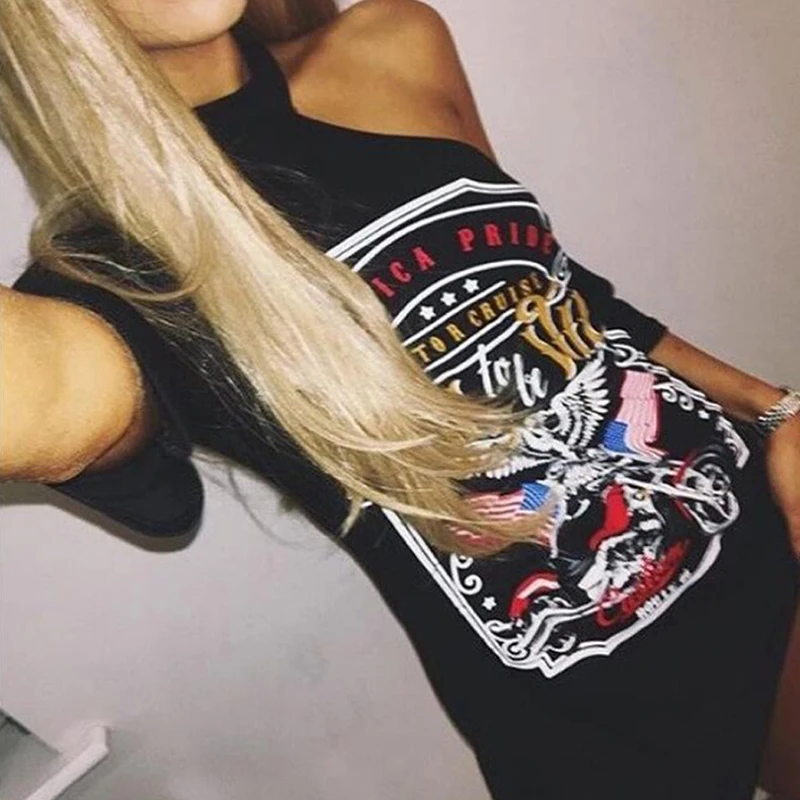 1pcs black Ladies Women Punk Rock Short Sleeve Eagle Print T-Shirt Cut Shoulder Baggy