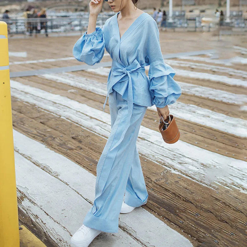 TWOTWINSTYLE кимоно блузка широкие брюки для женщин из двух частей фонарь рукав на