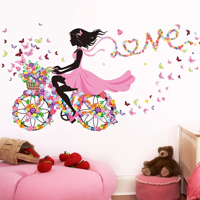 

[SHIJUEHEZI] Cartoon Fairy Girl Wall Stickers Vinyl DIY Butterflies Bicycle Mural Decals for Kids Rooms Baby Bedroom Decoration