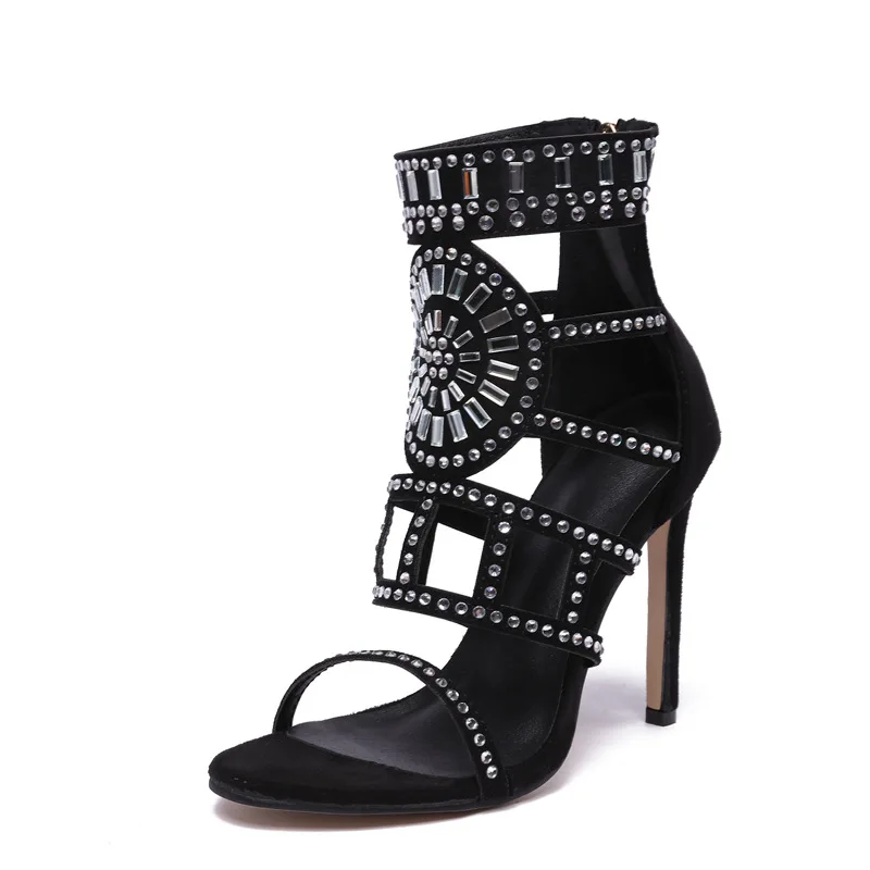 

Open toe bag with women's shoes suede rhinestones with high heel zipper hollow stiletto women's sexy Roman sandals