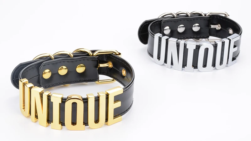 Sexy Designed Unique Choker Gold Silver Metal Collar Handmade BDSM 35MM Big Words PU Leather Buckle Collar Fetish Necklace Women 9