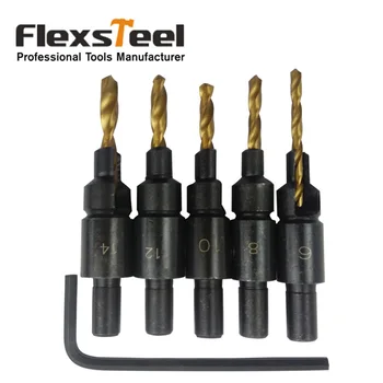 

Flexsteel 5pcs Woodworking Counter Bit Drill Bit Set Wood Countersinks with Hex Wrench Screw Size #6 #8 #10 #12 #14