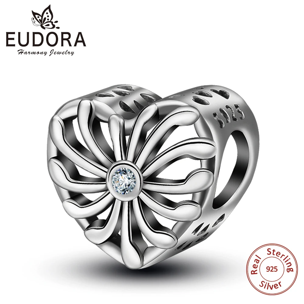 EUDORA 925 Sterling Silver Romance Flower Heart Charms Hollow out CZ Beads Fit Bracelets & Bangles DIY Jewelry girl Gift CYZ013 Fashion Jewelry