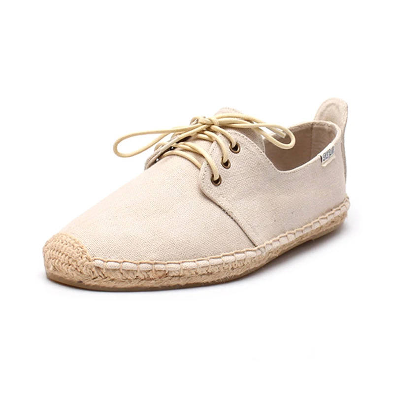 

Men lace-up flat espadrilles in beige color, Canvas upper, cotton fabric lining, rubber outsole
