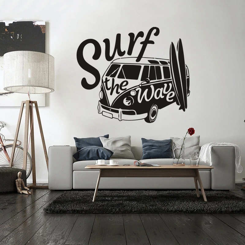 

Modern Wall Decal Surf the Wave with Camper Car Wall Sticker Old Vintage Auto Car Wall Mural Vinyl Camper Van Wall Poster B175