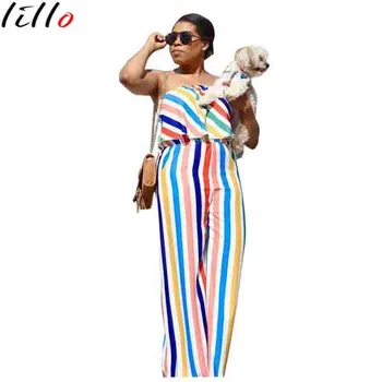 

Casual striped print strapless jumpsuit Stylish summer split print chiffon pants Comfortable flowing high quality sexy jumpsuit