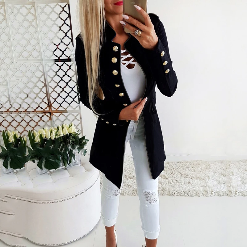 Lossky Women Jacket Blazers Slim Lady Office Wear Outwear Long Sleeve Stand Collar Formal Suit Long Black Red Autumn Spring Coat