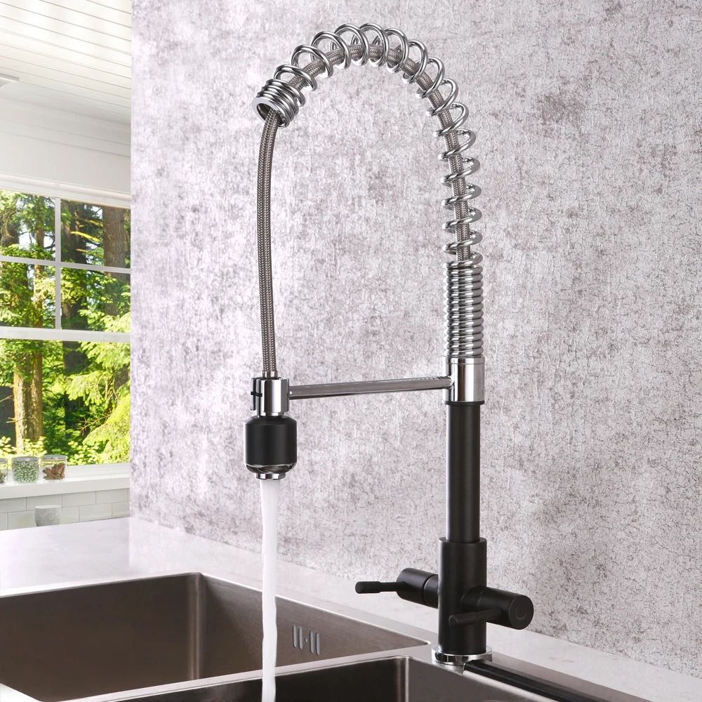 Black Kitchen Sink Faucet Dual Handles Cold and Hot Rotatable Sink