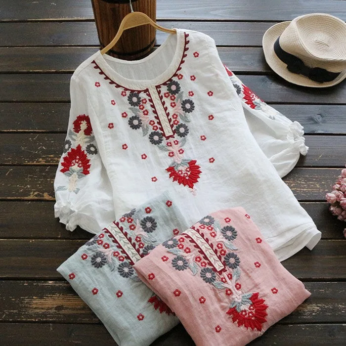 

Women Cotton Linen Floral Embroider Blouses Boho Ethnic Lantern Sleeve Shirts Vintage Retro Hippie Casual Tops Summer Blusa