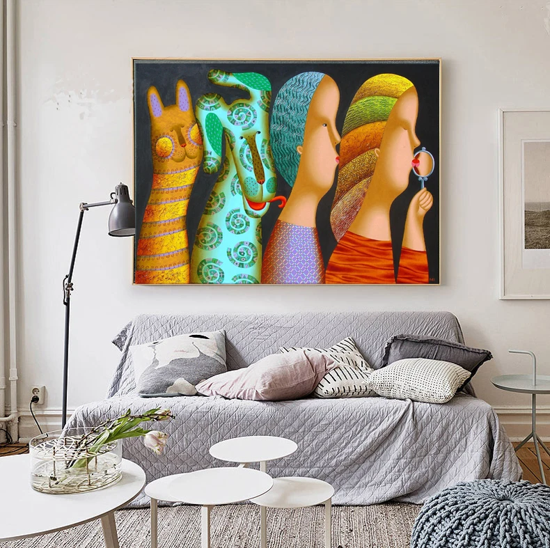 

Абстрактная Картина на холсте роспись принты плакаты Современная декоративная картина Сюрреализм Искусство девушки и кошки искусство дек...