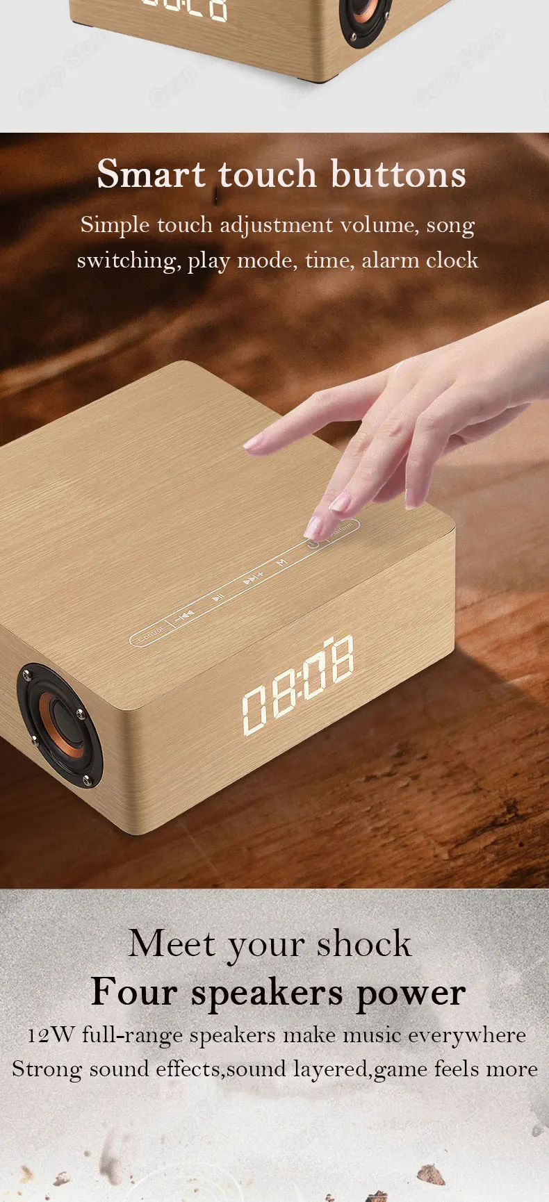 Touch часы деревянные портативный динамик Bluetooth четыре Рог Сабвуфер музыка bluetooth приемник аудио handfree вызова Беспроводной динамики