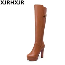 XJRHXJRWomen/женские сапоги на высоком толстом каблуке; женские зимние сапоги до колена; пикантные высокие сапоги до бедра на платформе и молнии; Цвет Черный; большие размеры 32-43