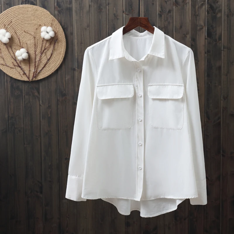 Новинка весны, однотонная женская блузка и рубашки, Офисная женская элегантная белая рубашка с длинным рукавом и карманом, женские свободные Рубашки, Топы - Цвет: white