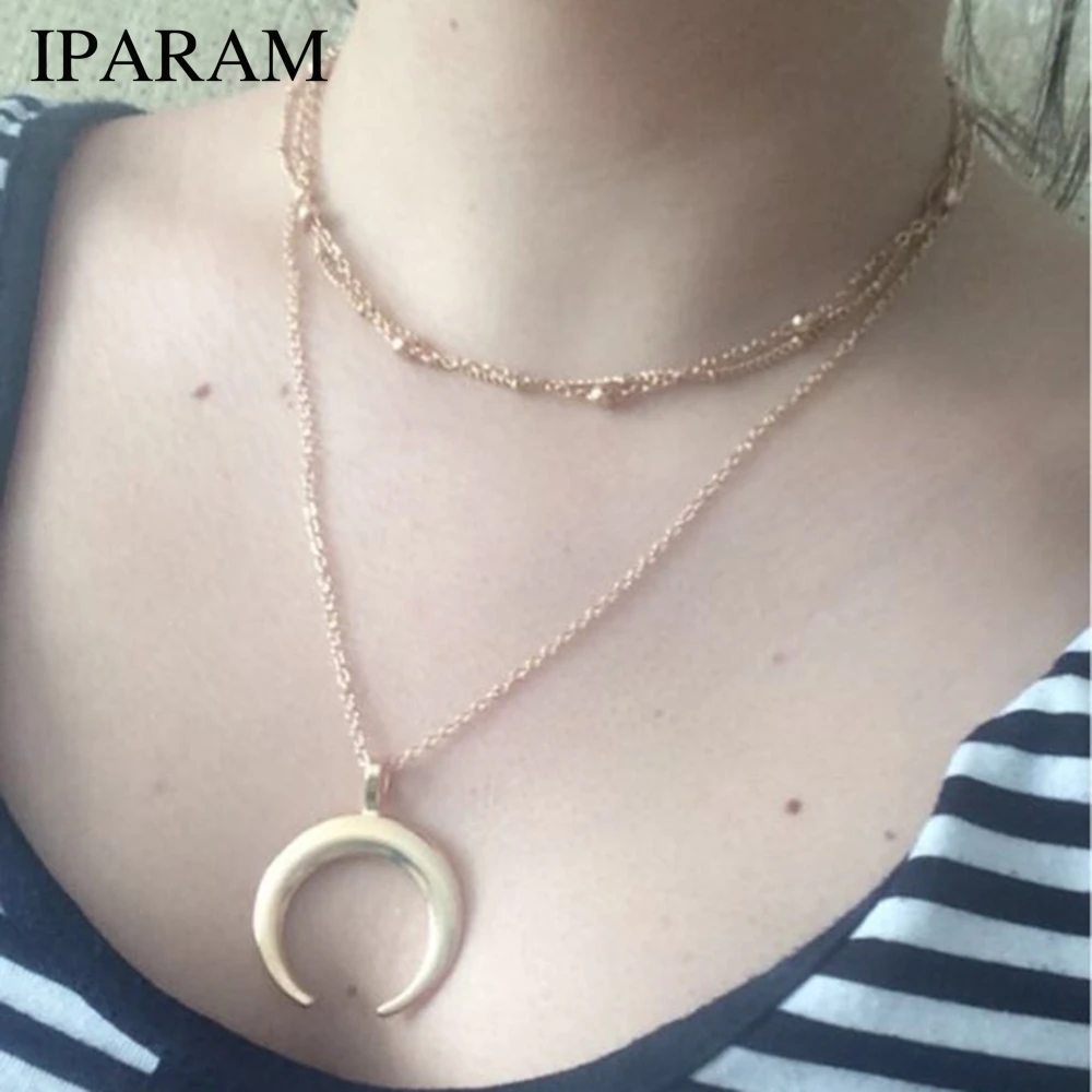 2019 New Fashion 2 Layers Chain Necklace Horn Necklace Crescent Moon Necklace Boho Jewelry Minimal Girlfriend Gift