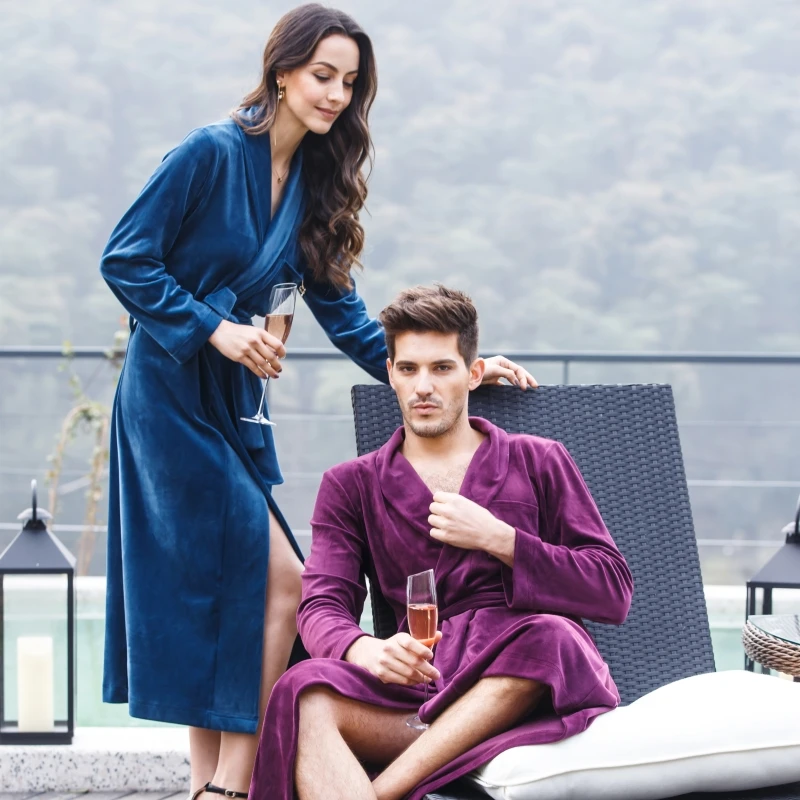 

Men and Women Spring and Autumn Luxury Velvet Classic Shawl Collar Chest Suit Medium-Long Robe Nightgown Sleepwear Gown