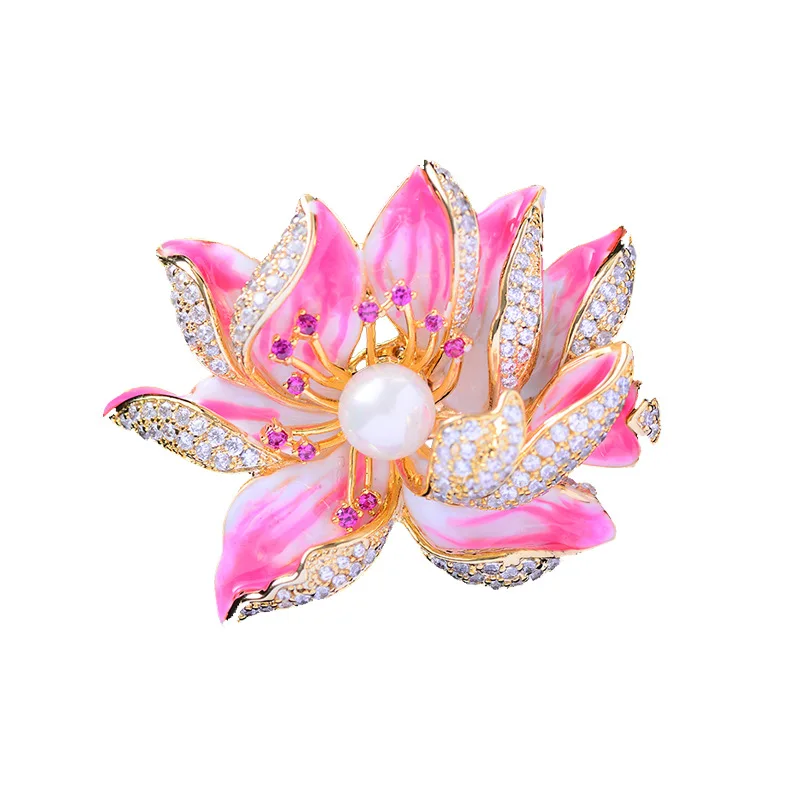 

Gold Tone Pink Enameled Micro Pave Cubic Zircon Lotus Flower Brooches Pearl Lotus Brooch Pins R2295F