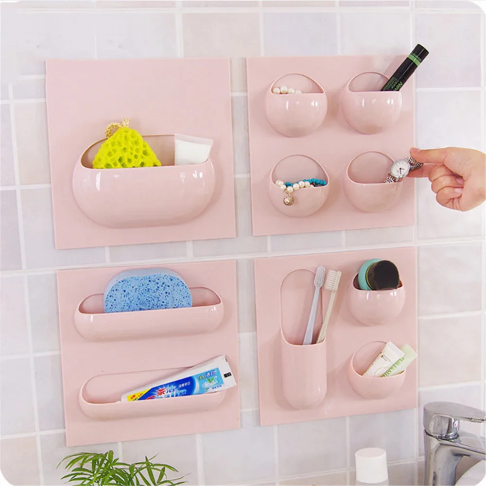 

4 Styles ABS Wall Suction Storage Shelf Multi-functional Kitchen Bathroom Toothbrush Sundries Rack Hooks Cup Sucker Holder