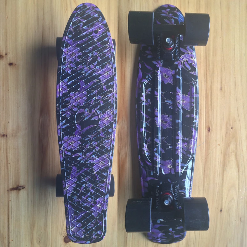 Purple Floral Graphic Printed Mini Cruiser Plastic Skateboard 22" X 6" Retro Longboard Skate