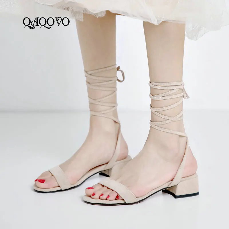 

Summer Ankle Lace Up Gladiator Sandals Flock Women Shoes Comfortable Square Low Heels Casual Shoes Beige Black Big Size 43