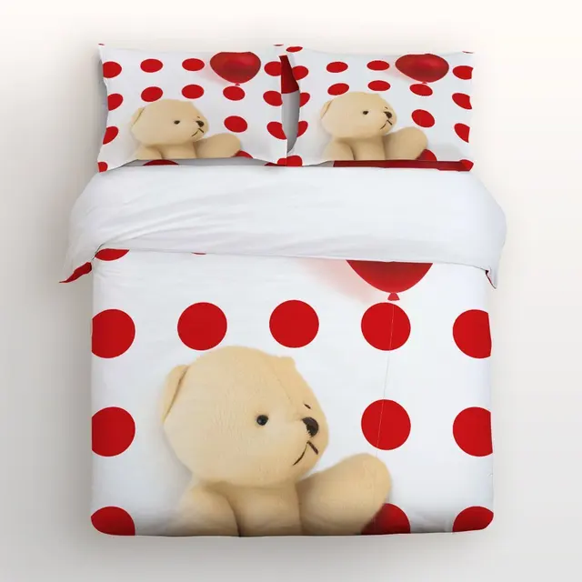 4 piece bed sheets set cute bear holding red balloon with red white red print sheets