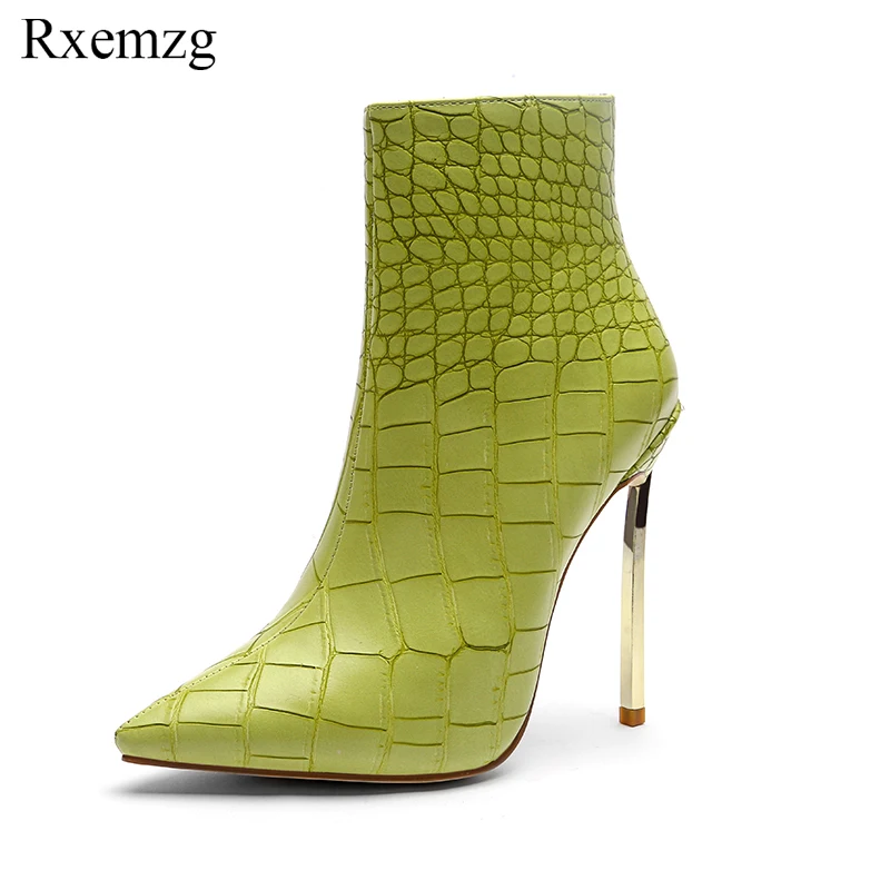 

Rxemzg gold heel woman leather boots 2018 winter sexy super high heel ankle boots pointed toe zipper shoes woman plus size 34-43