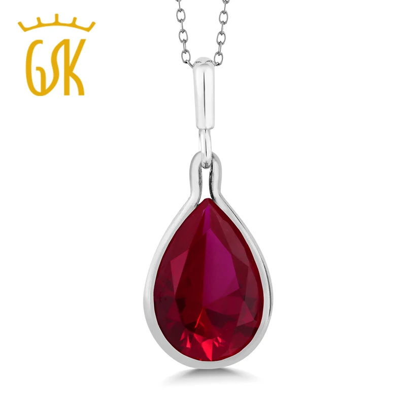 GemStoneKing 9 10 Ct Груша Форма красный создан Рубин 925 пробы серебряный кулон цепочки и