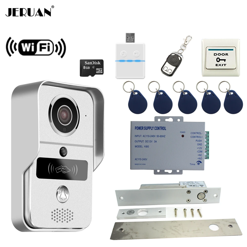 

JERUAN Smart 720P WiFi Video Doorbell Intercom kit Wireless Video Door phone For Smartphone Remote View Unlock 8GB SD Card