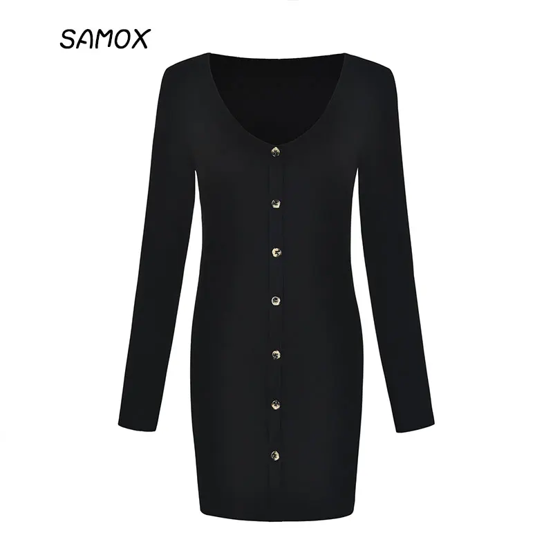 JSMY 2019 New Summer Dress Fashion Women Sexy V-neck Button Long Sleeve Pack Hip Dress