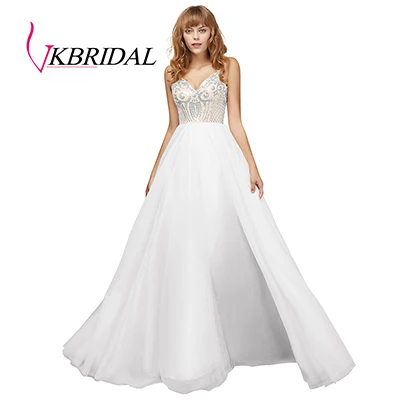 White VKbridal/кружевные платья для возвращения домой с блестками, Длинные тюлевые вечерние платья для вечеринки с открытой спиной и v-образным вырезом - Color: White