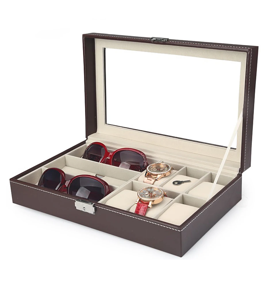 6 сетчатый кожаный Органайзер для хранения часов с солнцезащитными очками, коробка для хранения очков, контейнер для демонстрации ювелирных изделий, оконная коробка для мужчин, подарки