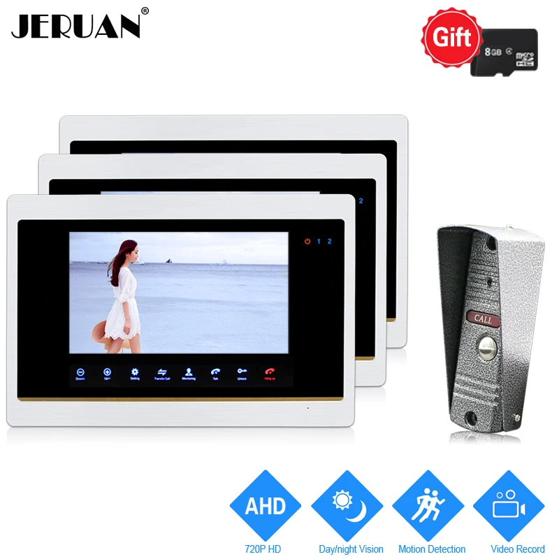 

JERUAN 1.0MP 720P Motion Detection 7`` Color Video Door Phone Intercom System 3 Record Monitor +1 Waterproof Mini Camera 1V3+8G