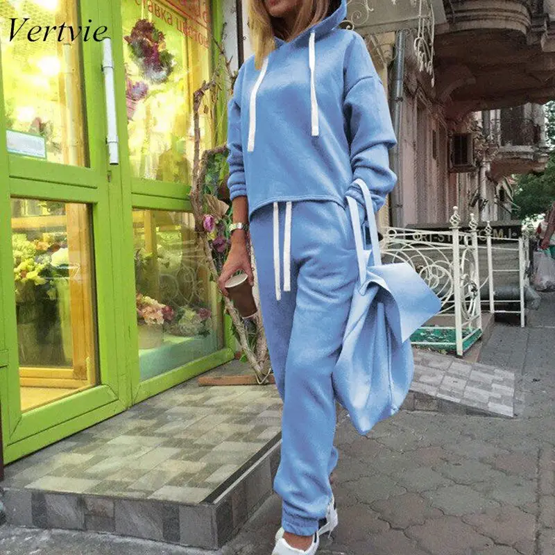 

Vertvie Women 2 PCS Outfit - Solid Pullover Sweatsuits Long Sleeve Pullover Sweatshirt Skinny Long Pants Fitness Tracksuit Set