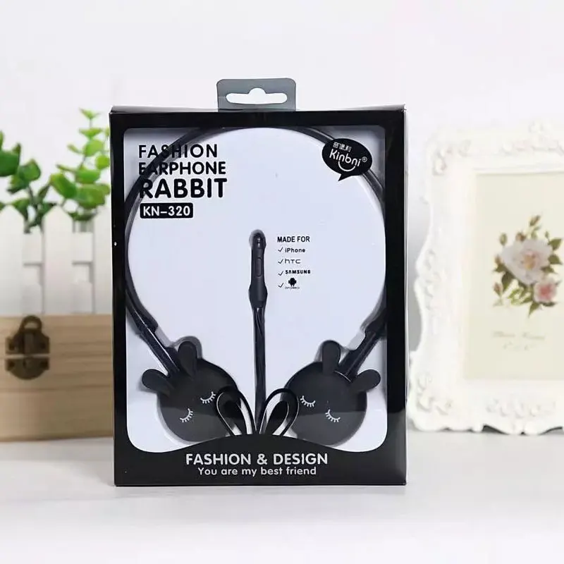 Розовые милые наушники в форме кроликов подарок на день рождения девушки стерео гарнитура цветные наушники с микрофоном для iPhone MP3 детей в розничной упаковке - Цвет: Black Rabbit