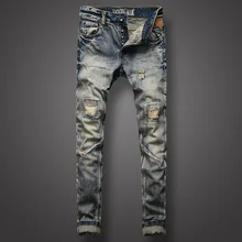Мужские джинсы в итальянском стиле, высокое качество, модные Молодежные уличные байкерские джинсы, Мужские Ретро Винтажные джинсовые штаны, рваные джинсы, Homme