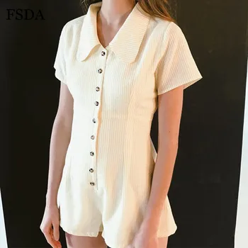 

FSDA Button Striped Women Playsuit Cotton Beach Casual Summer Playsuits
