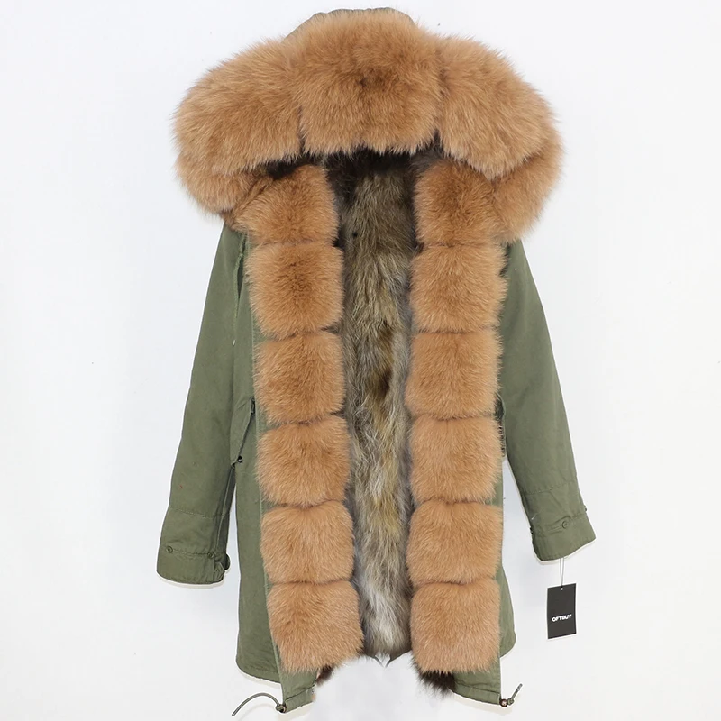 Натуральный мех пальто бренд зимняя куртка женская парка натуральный Лисий Мех уличная толстые теплые расцепная верхняя одежда Длинные парки - Цвет: green Camel