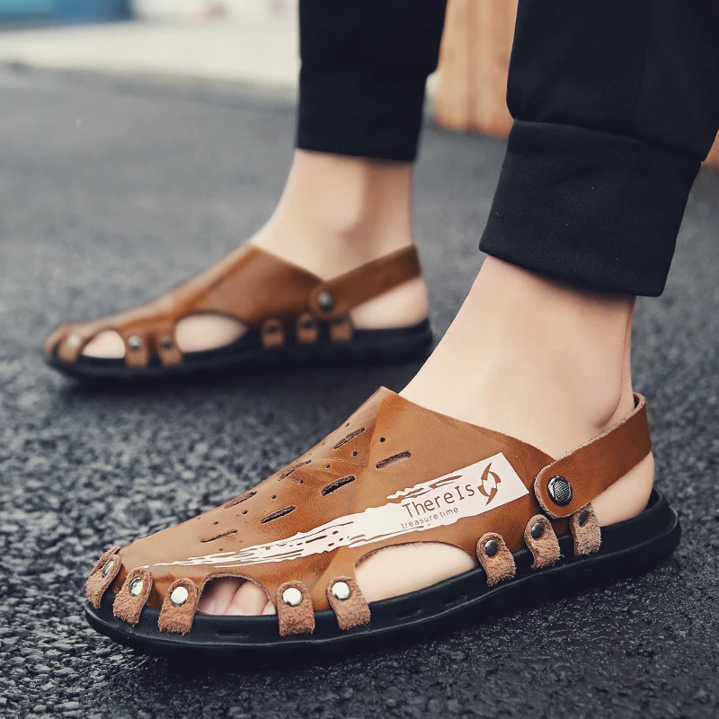 

New Summer Men Sandals Breathable Leather Men Beach Sandals Men Casual Shoes Comfortable Slip-on Men's Slippers 2019