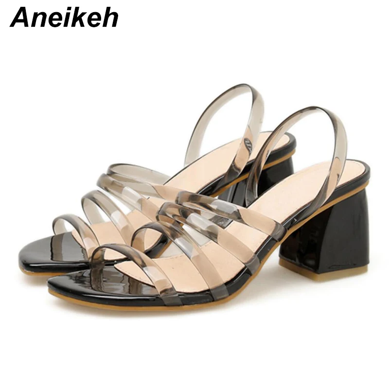 

Aneikeh2019 New PVC Sandals Summer Transparent Hollow Open Toe Thick Heel Shoes Casual Fashion Shallow Mouth Women's Sandals