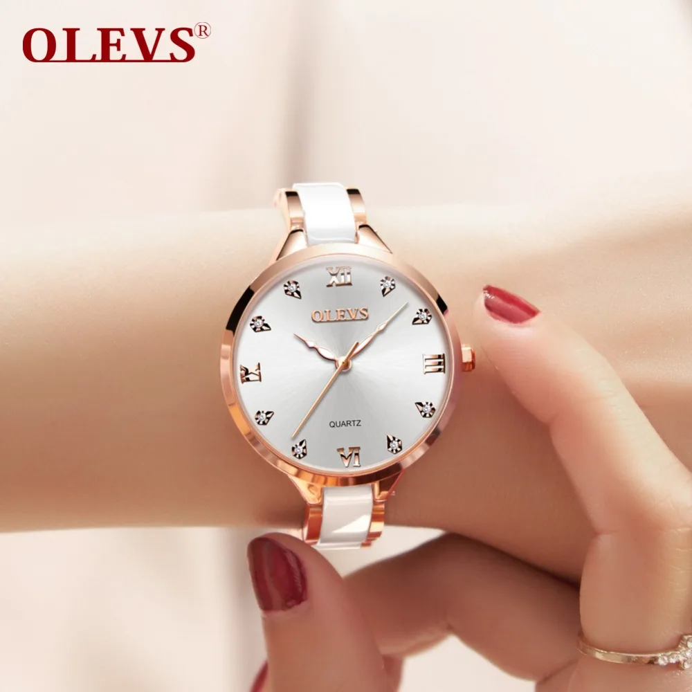 OLEVS, женские часы, роскошные, розовое золото, модные, Кристальные ...