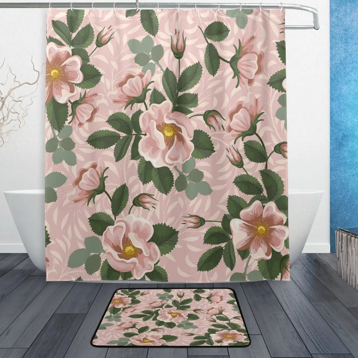 

Vintage Flower with Leaves Waterproof Polyester Fabric Shower Curtain with Hooks Doormat Bath Floor Mat Bathroom Home Decor