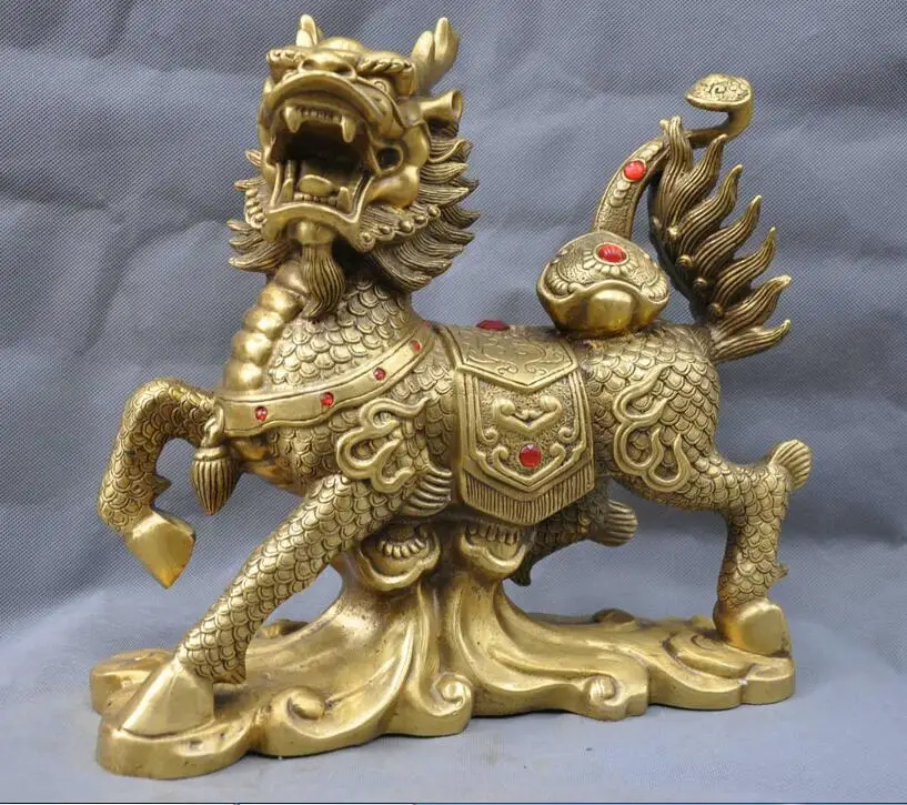 

13" China Feng shui Dragon Kyrin Animal Foo Dog Inlay Red Stone Bronze Statue