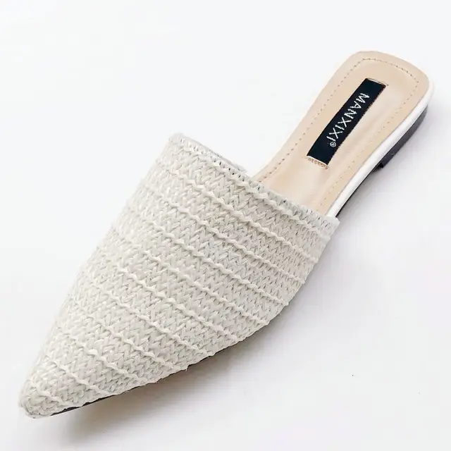 Women Slippers Pointed Toe Weave Mules Shoes Flat Slides Summer Beach Flip Flop Outside Slip On Shoes
