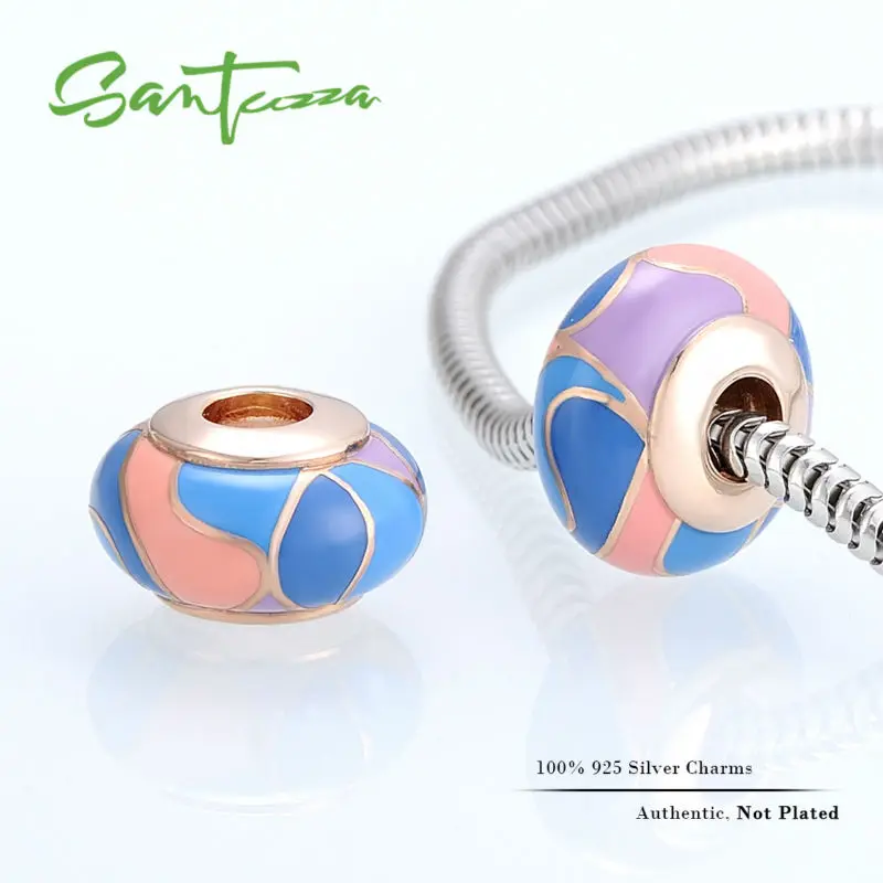 

SANTUZZA Silver Enamel Charm Colorful Beads Charm Fit For Bracelet Bangle DIY Making Pure 925 Sterling Silver Women Jewelry