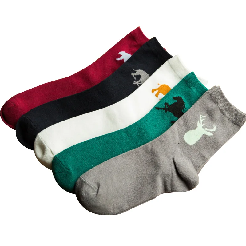 

5 Pairs Men Short Socks Personality Elephant Deer Horse Funny Solid Color Men Sock Casual Comfortable Cotton Socks Crew Meias