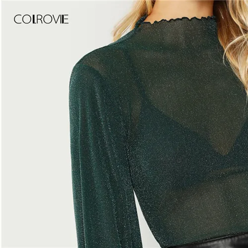 Блузка женская с длинным рукавом COLROVIE зеленая однотонная прозрачная Элегантная
