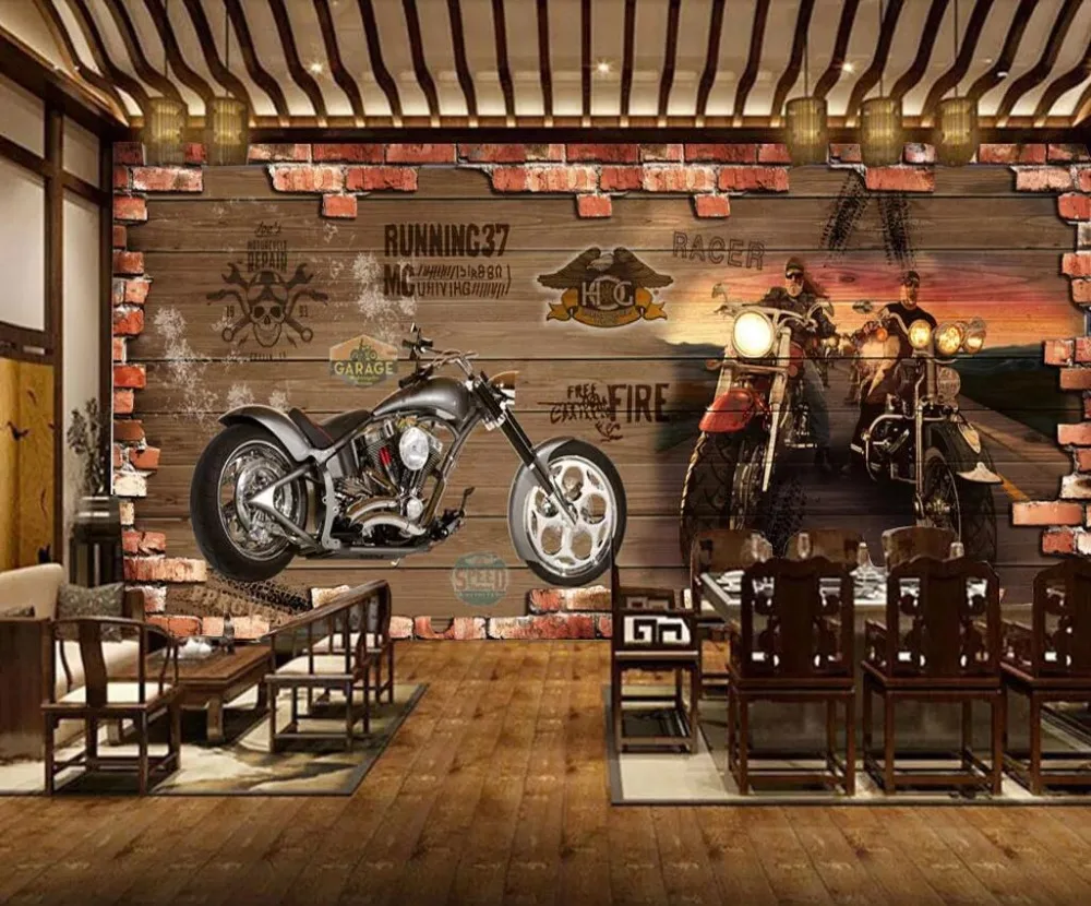Beibehang обои ретро мотоцикл ностальгические кирпичная стена фон украшения Кафе Ресторан Бар задний план стены 3d обои