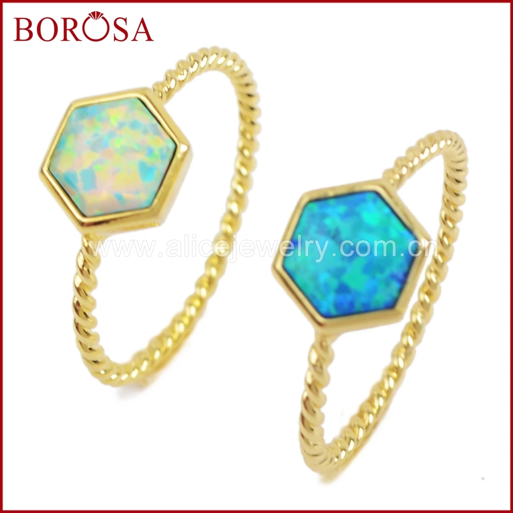 

BOROSA 10PCS Wholesale Gold Bezel 6x6mm Hexagon Japanese Opal Rings White/Blue Man-made Opal Rings for Women Gems Jewelry ZG0243