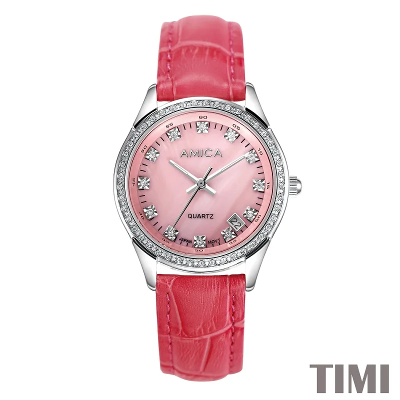 

AMICA NEW FASHION 2018 FULL STEEL RED WATCHBAND PINK SURFACE SLIVER POINTER WOMENS QURATZ WATCH LADYS WATCH A7-9